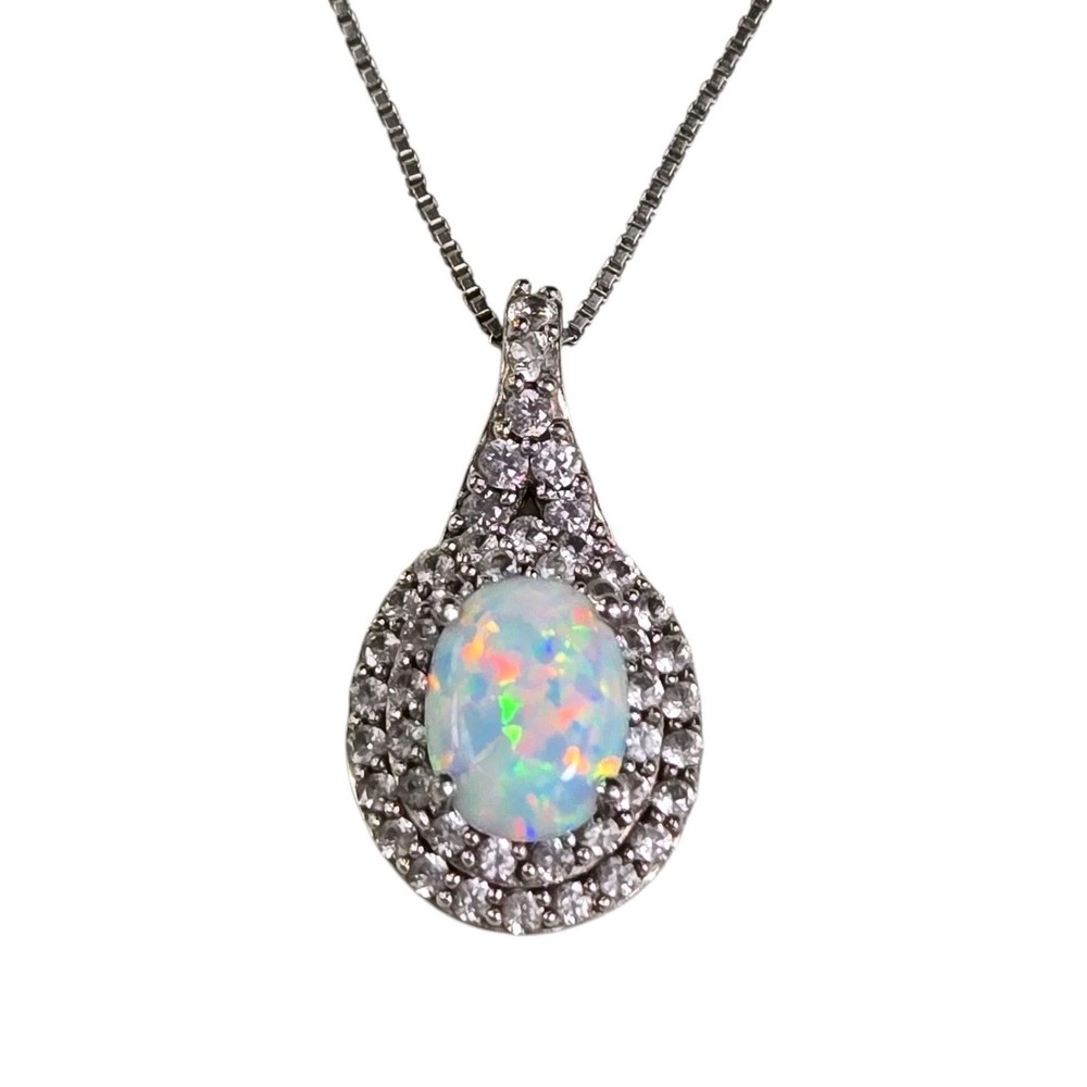 Designer SUN 925 Sterling Silver Opal and Diamond Halo Pendant‎ Necklace 19"